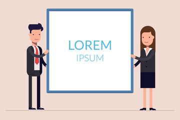 Business man and woman or managers stand near the presentation display. Demonstration at a meeting or seminar. Blank screen. Flat character isolated on background.