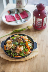 Thai basil stir fried with seafood.