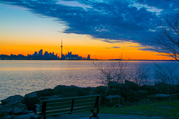 ParkBench with view of Toronto Skyline at Sunrise