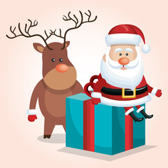 cute santa claus big gift with reindeer design vector illustration