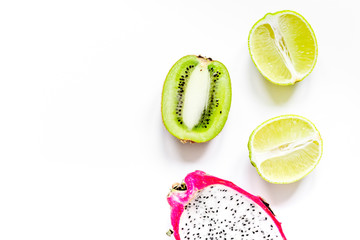 exotic fruits pattern with kiwi, pitaya isolated white background top view mockup