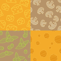 Set of four seamless orange and brown patterns with cheese, mushrooms and olives. Vector illustration