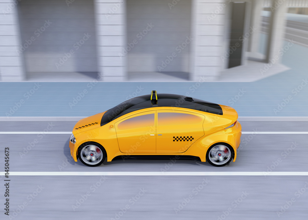 Poster side view of yellow taxi passing the crossroads. 3d rendering image.