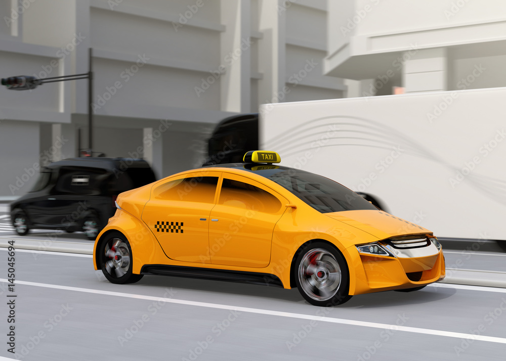Poster yellow taxi passing the crossroad. 3d rendering image.