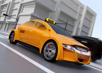 Plakat Yellow taxi driving on the street. 3D rendering image.