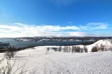 Fototapeta na wymiar The view of Murmansk city ,Russia from Alyosha Monument