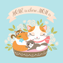 Mother's day greeting card or poster with cute cat family on floral background.