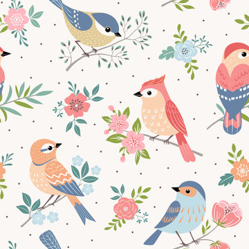 Seamless pastel pattern of birds with floral elements on dot  background.