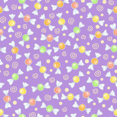 Seamless purple pattern with colorful candies. Vector illustration