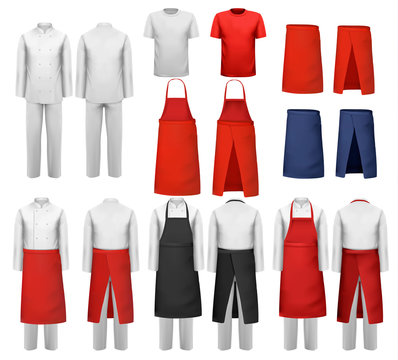 Big set of culinary clothing, white and red suits and aprons. Vector.