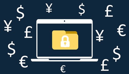 Security concept: Lock of folder on the laptop screen and a symbol of monetery currency. Illustration of ransomware