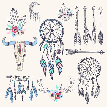 Creative boho style frames mady ethnic feathers arrows and Floral elements vector illustration.
