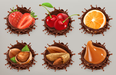 Fruit, berries and nuts. Realistic illustration. Chocolate splash 3d vector icon set