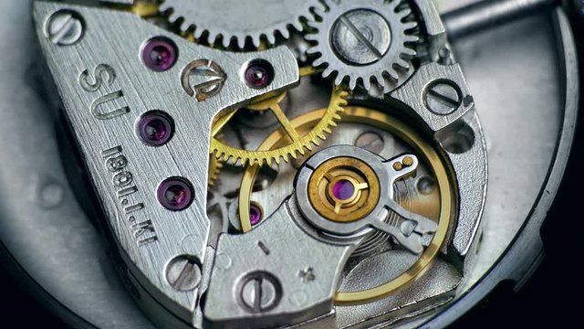 Watch Mechanism / Clockwork / Time Keeping. Oscillating movement of an old mechanical wind up wristwatches. Macro close-up shot.