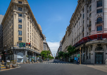 Downtown Buenos Aires Diagonal Norte Street with the Obelisk as background - Buenos Aires, Argentina - obrazy, fototapety, plakaty