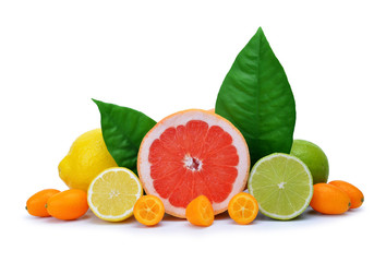 Citrus fruits ( Grapefruit, Lemon, Lime, Kumquat ) isolated on white background.