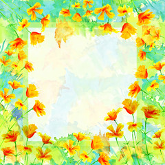   Card abstract natural vision paints, ink, watercolor. orange, Yellow garden flowers. For decoration and design. Splash, bright streaks of paint. Vintage postcard, Greeting card, invitation.