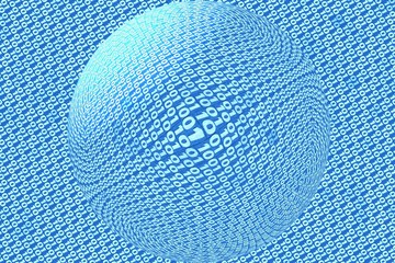 Transparent sphere on blue binary code background