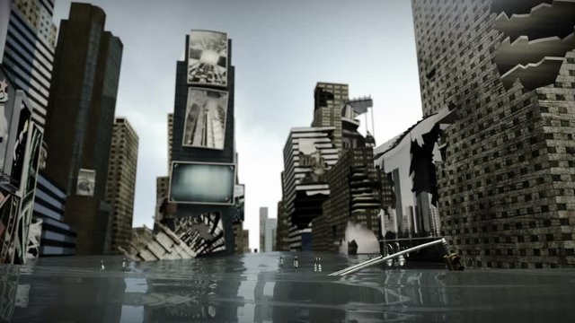 Animated Time Square New York Manhattan, damaged road under water. 3D rendering