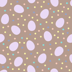 Seamless pattern with white Easter eggs and polka dots or confetti on brown background. Vector illustration.