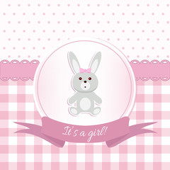 Baby girl shower or arrival card with a rabbit toy. Flat design