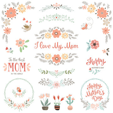 Mother's Day collection with floral and typographic design elements. Decorative flowers, branches, wreath, butterfly, bird, plant pots and vases. Vector illustration.