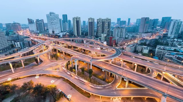 time lapse of city interchange road in nightfall, beautiful chengdu overpass at dusk to night
