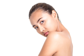 Woman with beautiful face on white background