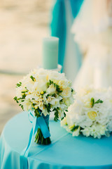 Wedding bouquet on a table. Wedding in Montenegro