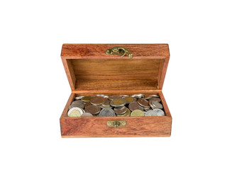 Wooden box with coins isolated on the white background