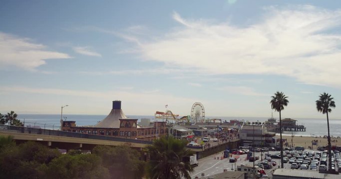 Time lapse of The Santa Monica Pier entrance in Santa Monica, California.