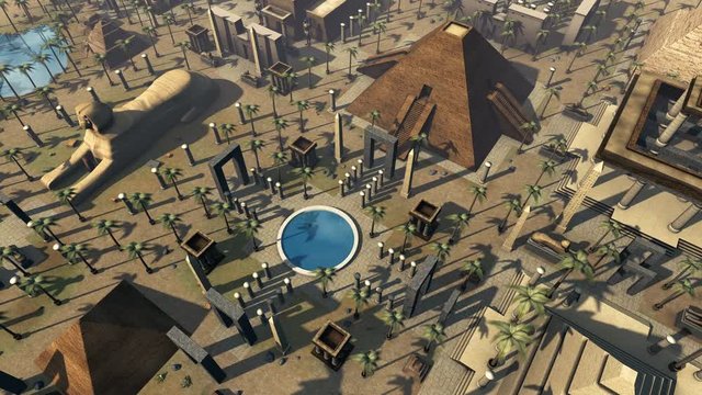 Ancient Egypt animated scenic bird's eye view. 4K