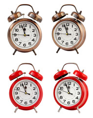Retro alarm clock at twelve o'clock, isolate.
