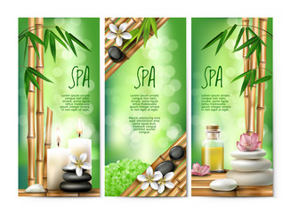 Vector banners in realistic style with aromatic salt, massage oil, candles, schungite on the background of bamboo shoots. Excellent green advertising posters for the spa salon.