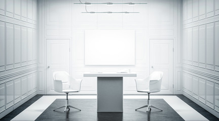 White luxury office interior design with blank banner on the wall, 3d rendering. Bright empty work meeting room canvas mock up, desk, two chairs. Clear poster in light work place front view.