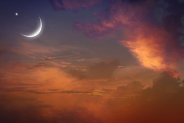 Red sunset and moon  . Eid Mubarak background  .  Against the background of clouds . beautiful sky . Nasa . Yellow and pink clouds . Sunset and new moon  .  Prayer time