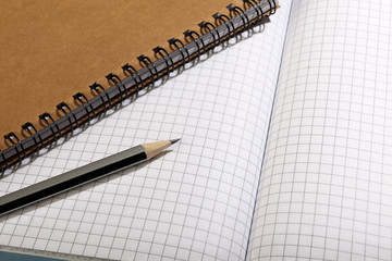 A notebook and a simple, black pencil lie on a blank sheet of paper. Close-up