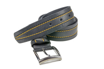 Collapsed trouser belt, black stitched with yellow thread.