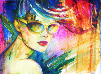 Woman with sunglasses. Fashion illustration. Watercolor painting