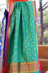 hand loom silk sari in traditional market 