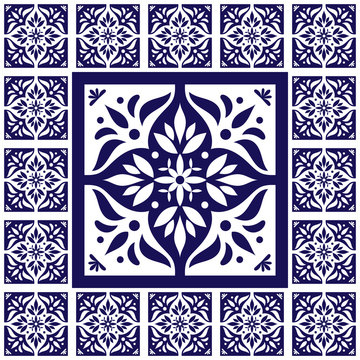 Blue white tiles floor - lace pattern vector with ceramic tiles. Big tile in center is framed in small. Background with portuguese azulejo, mexican talavera, spanish, delft dutch, italian motifs.