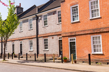 Fototapeta na wymiar Classic British restored Edwardian brick houses on a local road with tree growing on the pavement