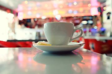 cup of tea or coffee in a cafe serving breakfast table