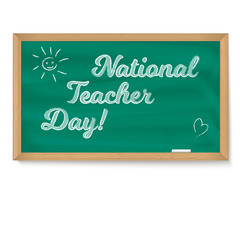 Obraz premium Happy teacher day. School chalkboard with calligraphic text written in chalk. Realistic greeting banner for your congratulations cards.