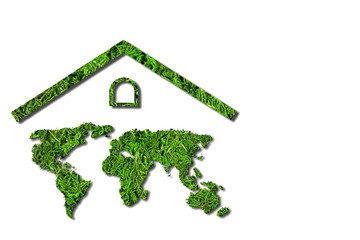 Concept ecology. Green house. World map component of the walls of the house isolated on white background