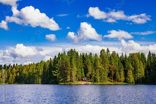 Wooden Sauna Log Cabin At The Lake In Summer In Finland Stock