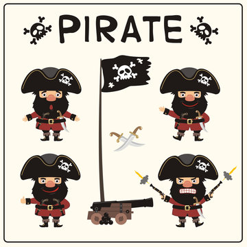 Set isolated pirate in cartoon style. Collection funny pirate in different poses with pistols, sword, ship gun and flag.