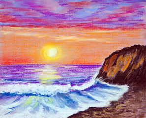 Fototapeta na wymiar Beautiful sunset on the sea. The waves rolled on the rocky shore