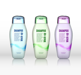 Set of Realistic Shampoo bottle on a white background. Cosmetic ads poster. Mock up set for advertising