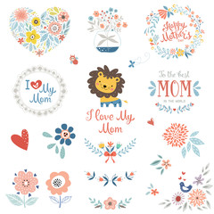 Mother's Day set with typographic design elements. Flowers, branches, wreaths, butterfly and bird, cute little Lion and floral bouquet in vase. Vector illustration.